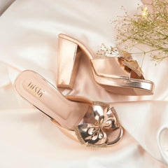 Comfortable Gold Foil Block Heels with Bling Bow - Perfect for Festive & Western Wear Comfortable Gold Foil Block Heels with Bling Bow - Perfect for Festive & Western Wear