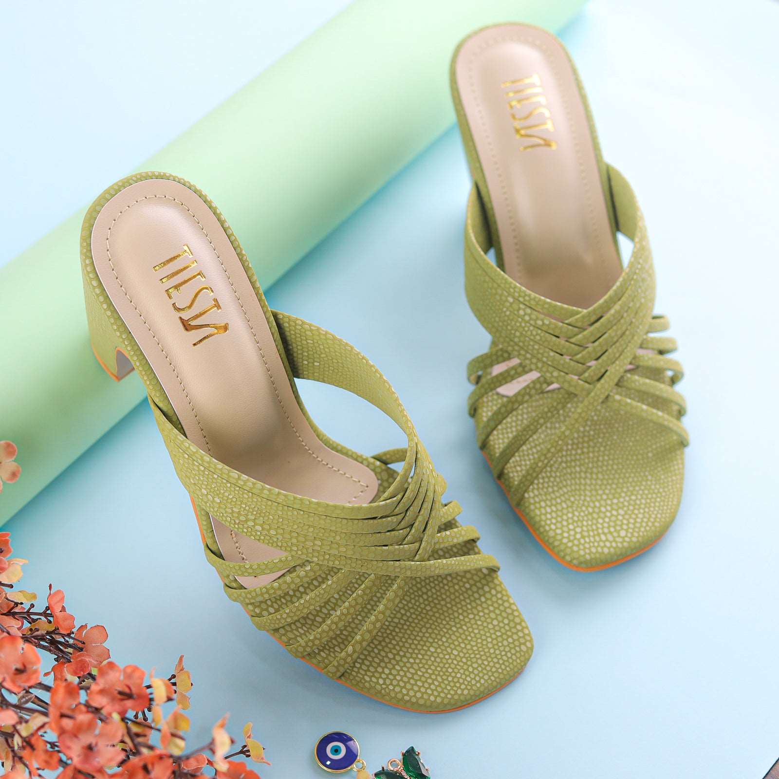 Green Strappy Block Heels | Tiesta Shoes Green Strappy Block Heels | Tiesta Shoes
