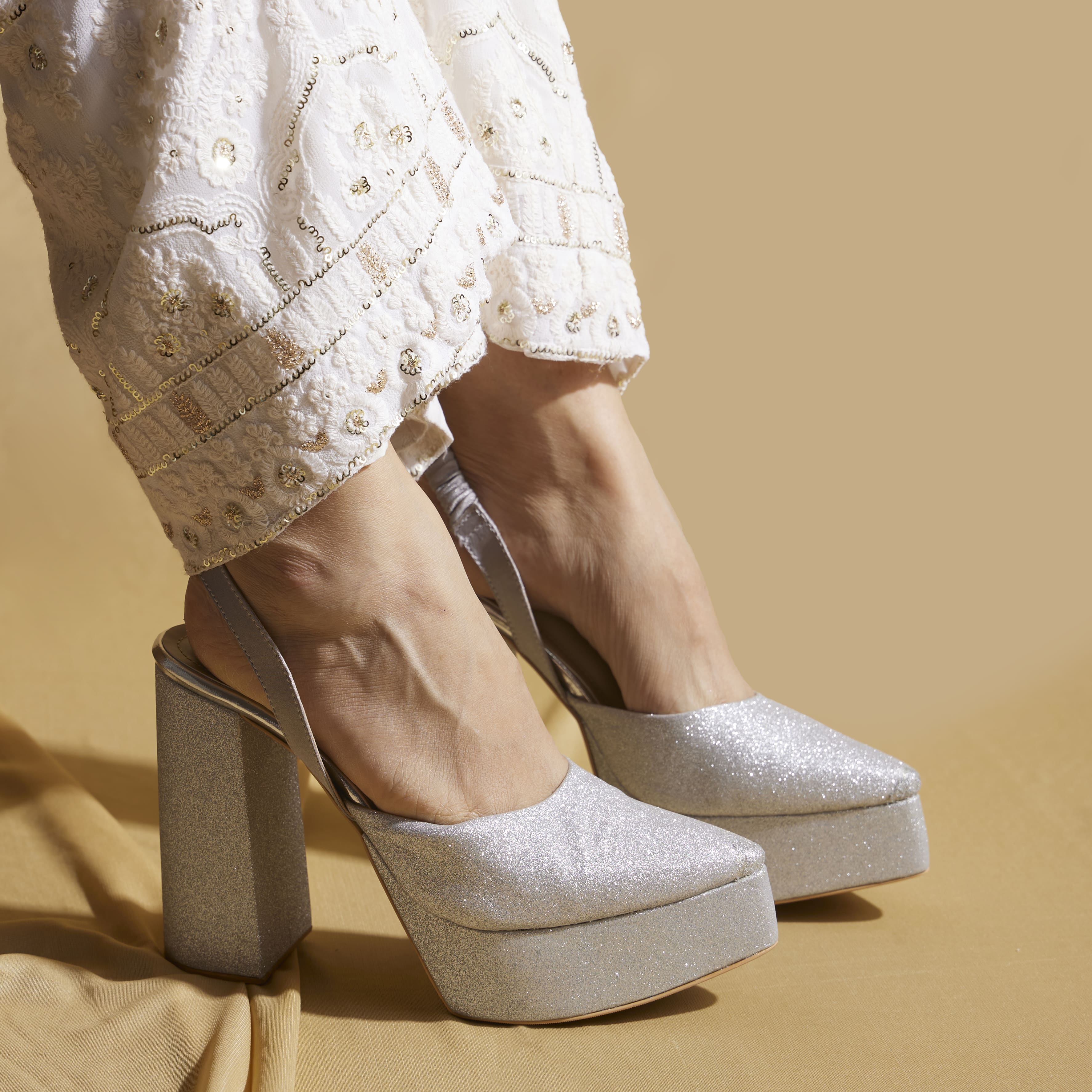 Glitter Pointed Toe Silver Platform Pumps – to Inch Customisable