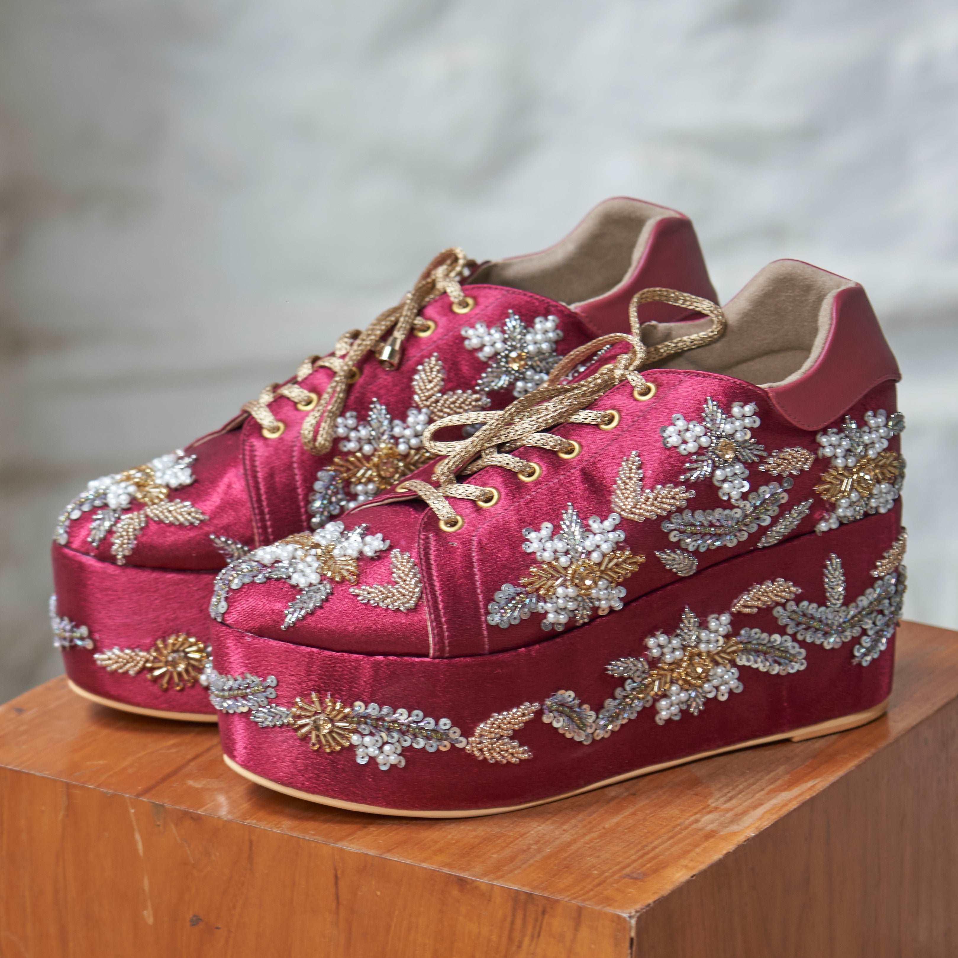 Begum Maroon Bridal Sneaker Wedges - Customized Wedding Shoes I Tiesta Begum Maroon Bridal Sneaker Wedges - Customized Wedding Shoes I Tiesta