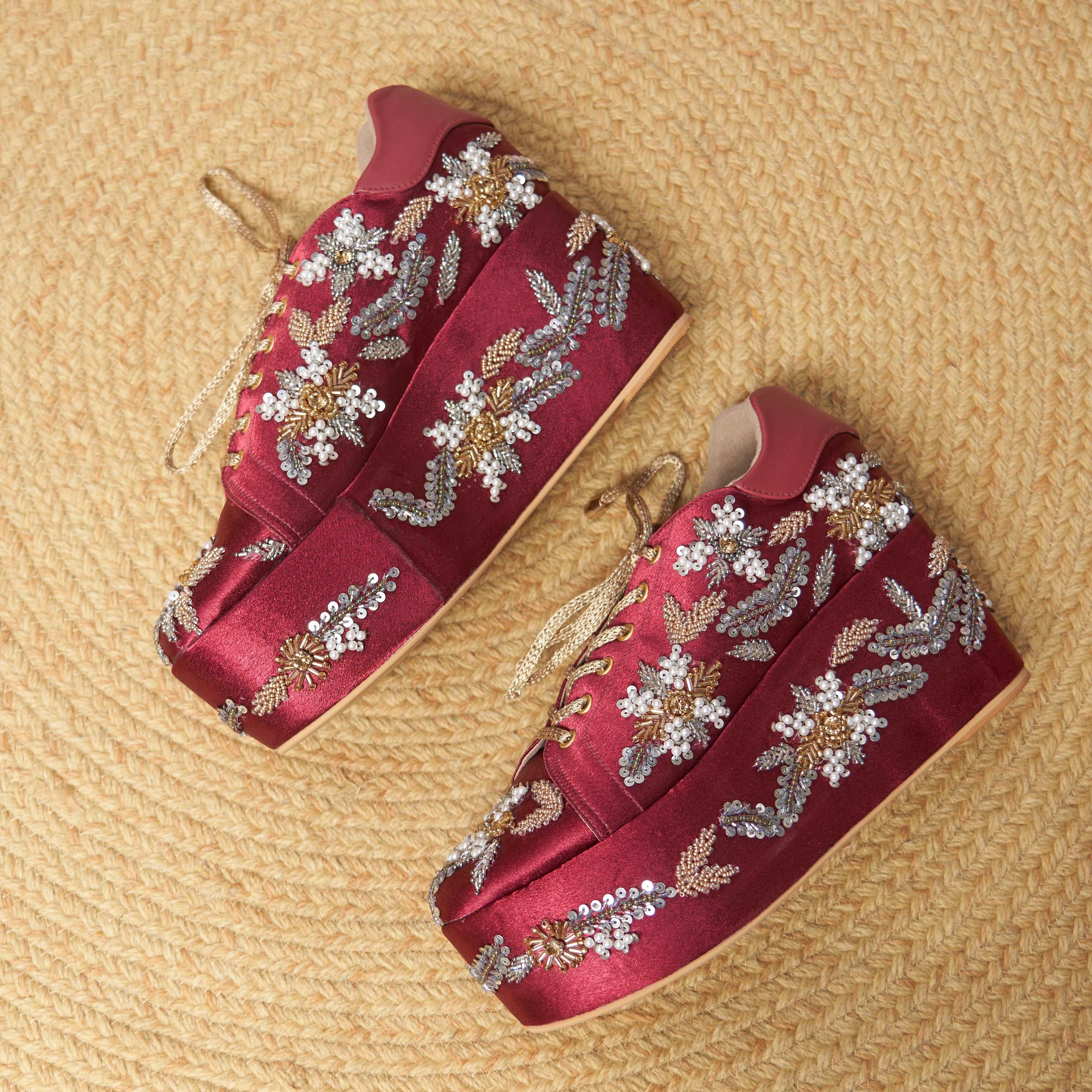 Begum Maroon Bridal Sneaker Wedges - Customized Wedding Shoes I Tiesta Begum Maroon Bridal Sneaker Wedges - Customized Wedding Shoes I Tiesta