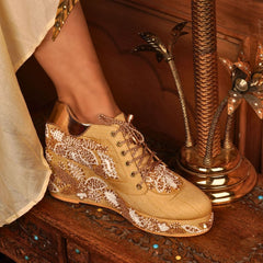 Custom Golden White Beaded Bridal sneaker wedges . Custom Golden White Beaded Bridal sneaker wedges .