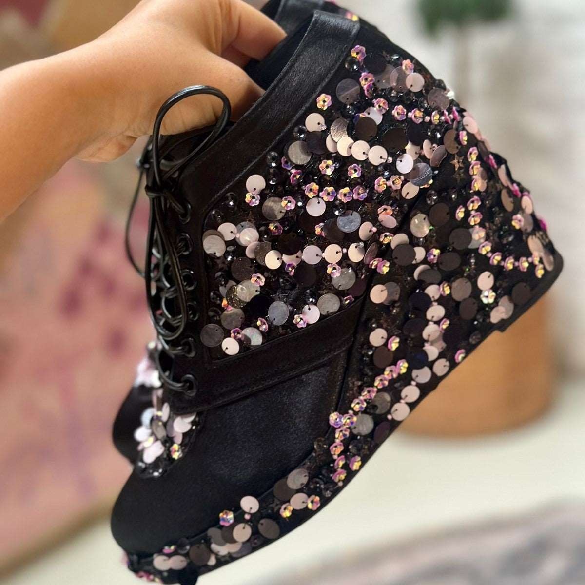 Black Sequin Sneaker wedges - Customized Wedding Shoes | Tiesta Black Sequin Sneaker wedges - Customized Wedding Shoes | Tiesta
