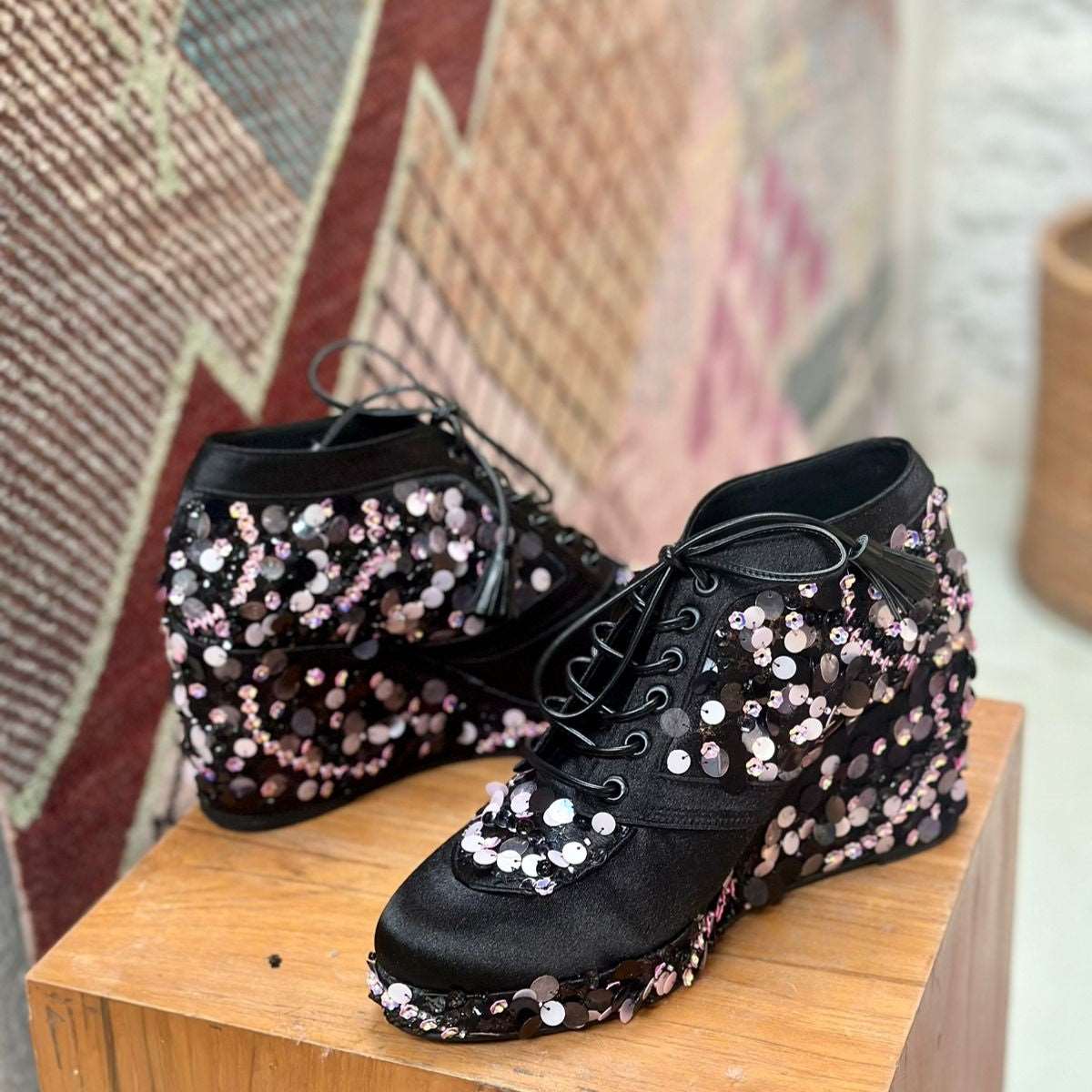 Black Sequin Sneaker wedges - Customized Wedding Shoes | Tiesta Black Sequin Sneaker wedges - Customized Wedding Shoes | Tiesta