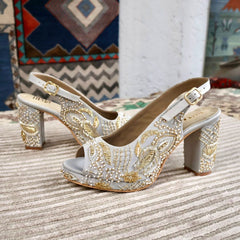 Sabya Grey Hand Embroidered Slingback bridal block heels I Tiesta Sabya Grey Hand Embroidered Slingback bridal block heels I Tiesta