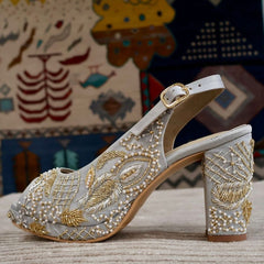 Sabya Grey Hand Embroidered Slingback bridal block heels I Tiesta Sabya Grey Hand Embroidered Slingback bridal block heels I Tiesta