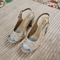 Sabya Grey Hand Embroidered Slingback bridal block heels I Tiesta Sabya Grey Hand Embroidered Slingback bridal block heels I Tiesta