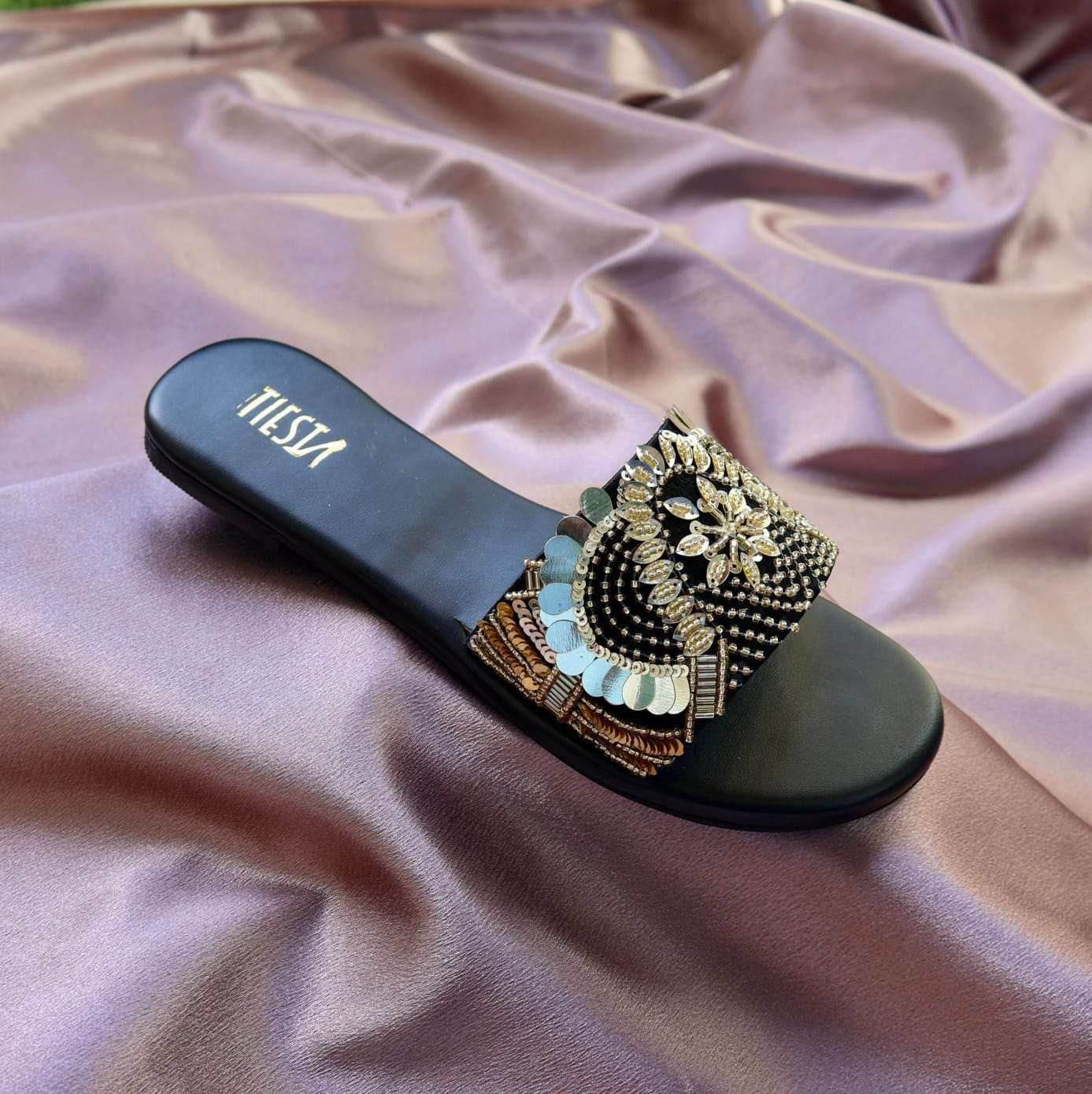 LANA- Black Sequin Embroidered Flats I Comfortable Sliders LANA- Black Sequin Embroidered Flats I Comfortable Sliders
