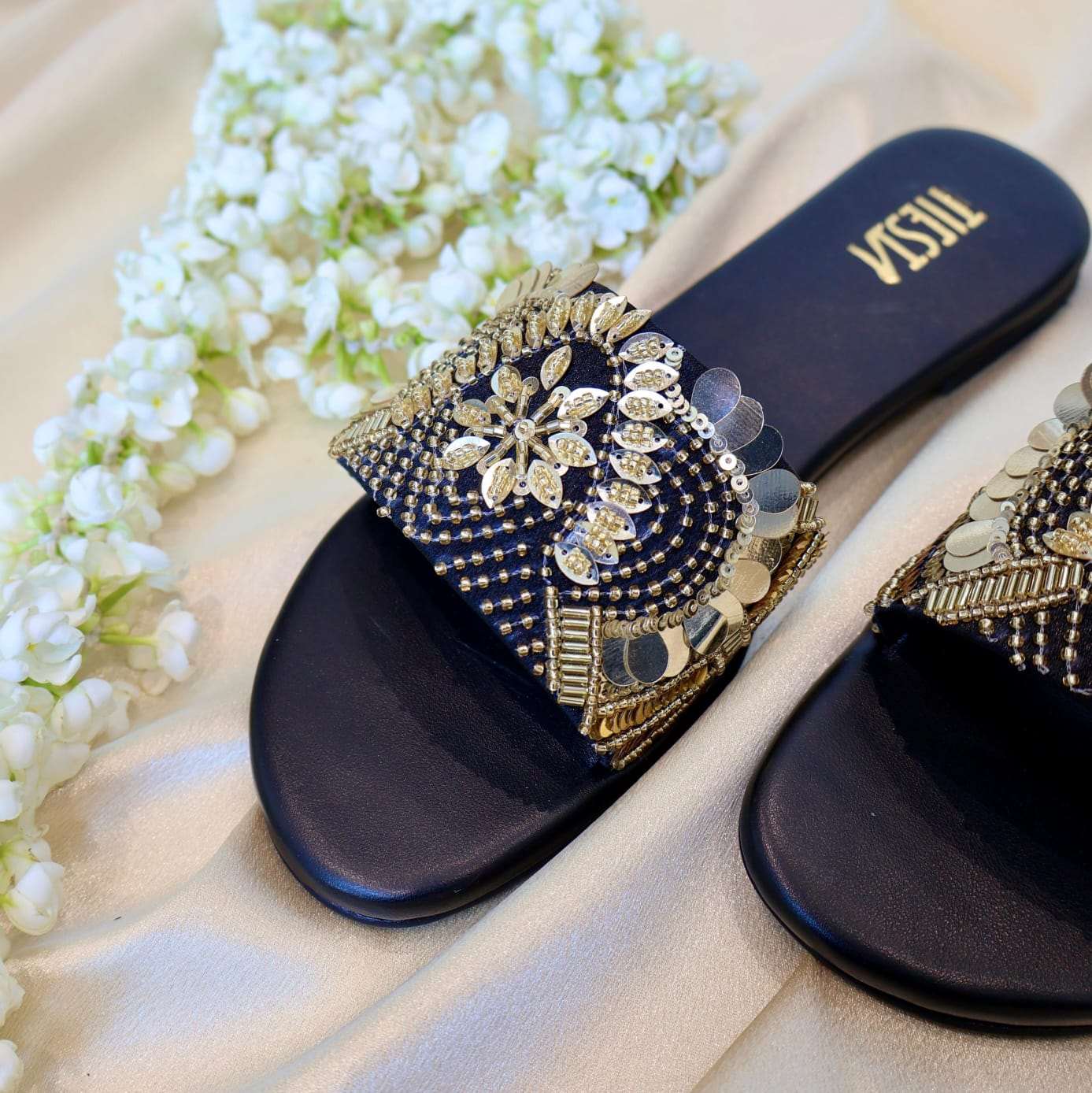 LANA- Black Sequin Embroidered Flats I Comfortable Sliders LANA- Black Sequin Embroidered Flats I Comfortable Sliders
