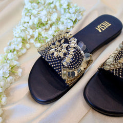 LANA- Black Sequin Embroidered Flats I Comfortable Sliders LANA- Black Sequin Embroidered Flats I Comfortable Sliders
