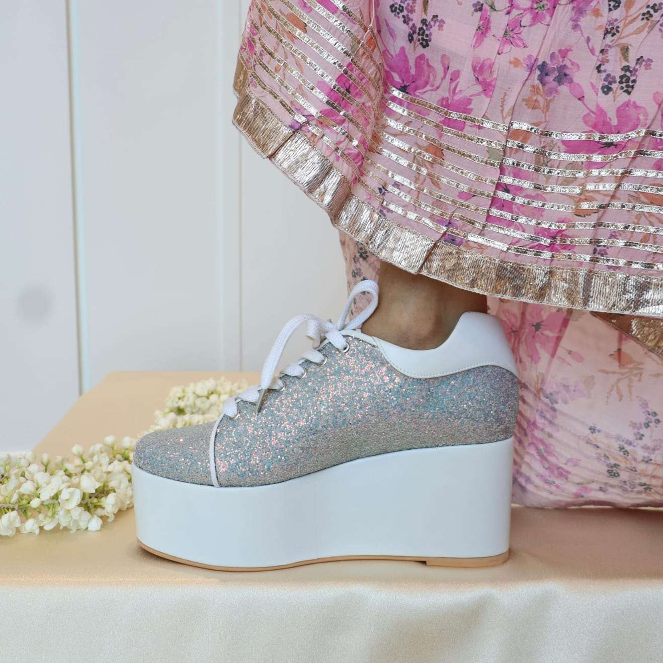 Begum White Bridal Sneaker Wedges - Customized Wedding Shoes Begum White Bridal Sneaker Wedges - Customized Wedding Shoes