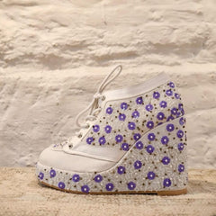 White with Lavender flowers embroidered Sneaker Wedges | Tiesta White with Lavender flowers embroidered Sneaker Wedges | Tiesta