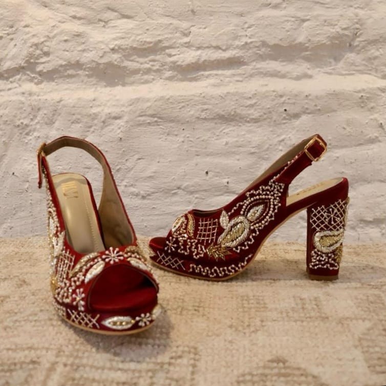 Heels For Lehenga Sabya Maroon Hand Embroidered Bridal Block Heels