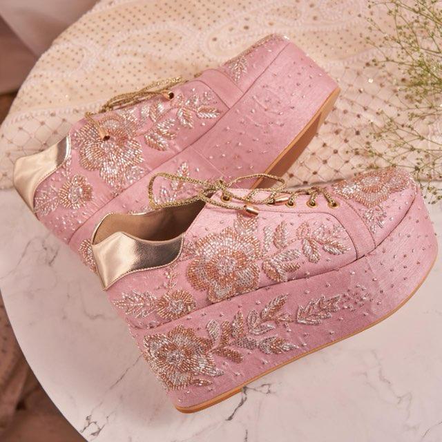 Soft Pink Platform Heels with Silver Rose Gold Embroidery Ankl
