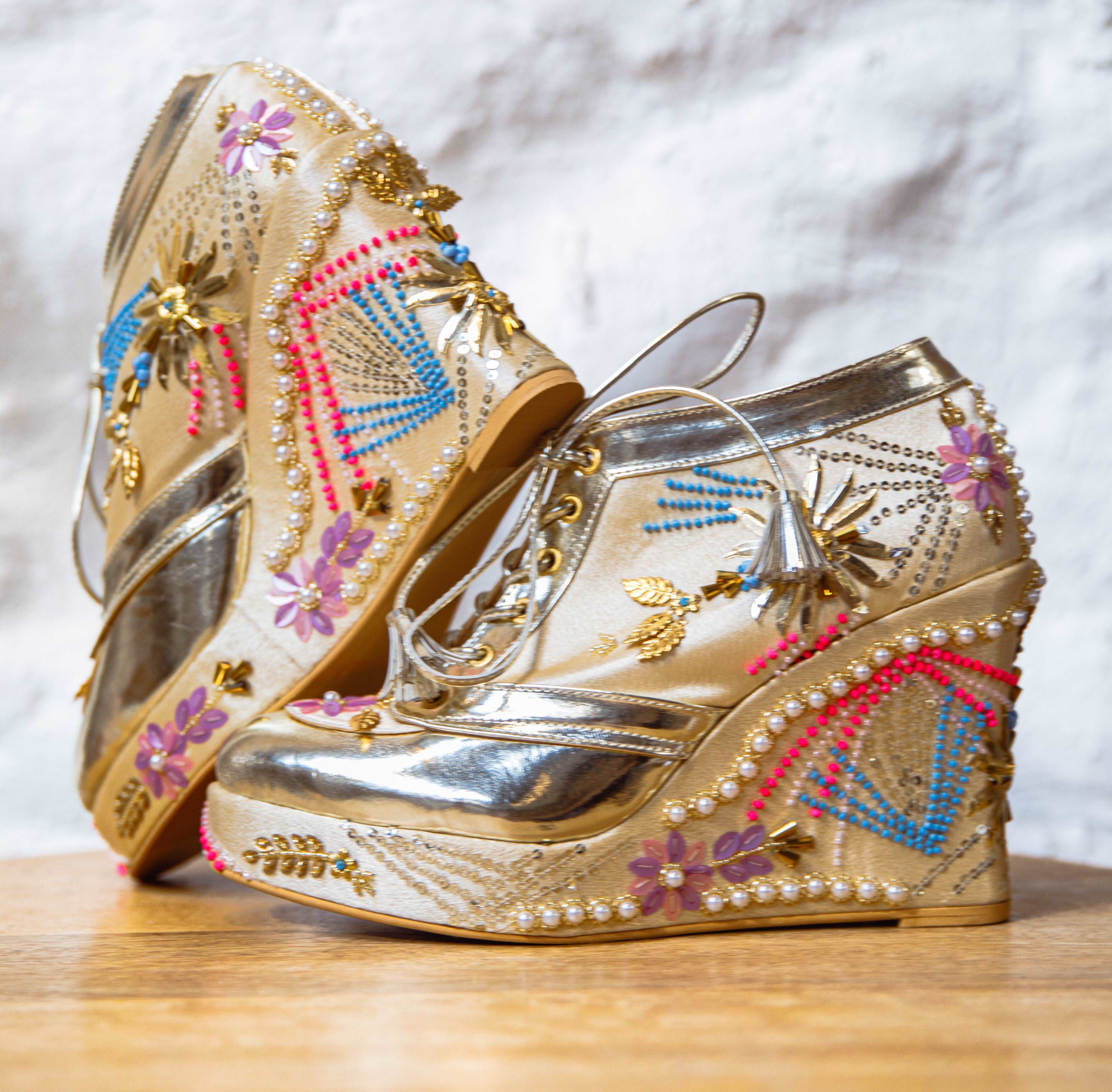 Gold Embroidered Bridal Sneaker Wedges - Customized Wedding Shoes Gold Embroidered Bridal Sneaker Wedges - Customized Wedding Shoes