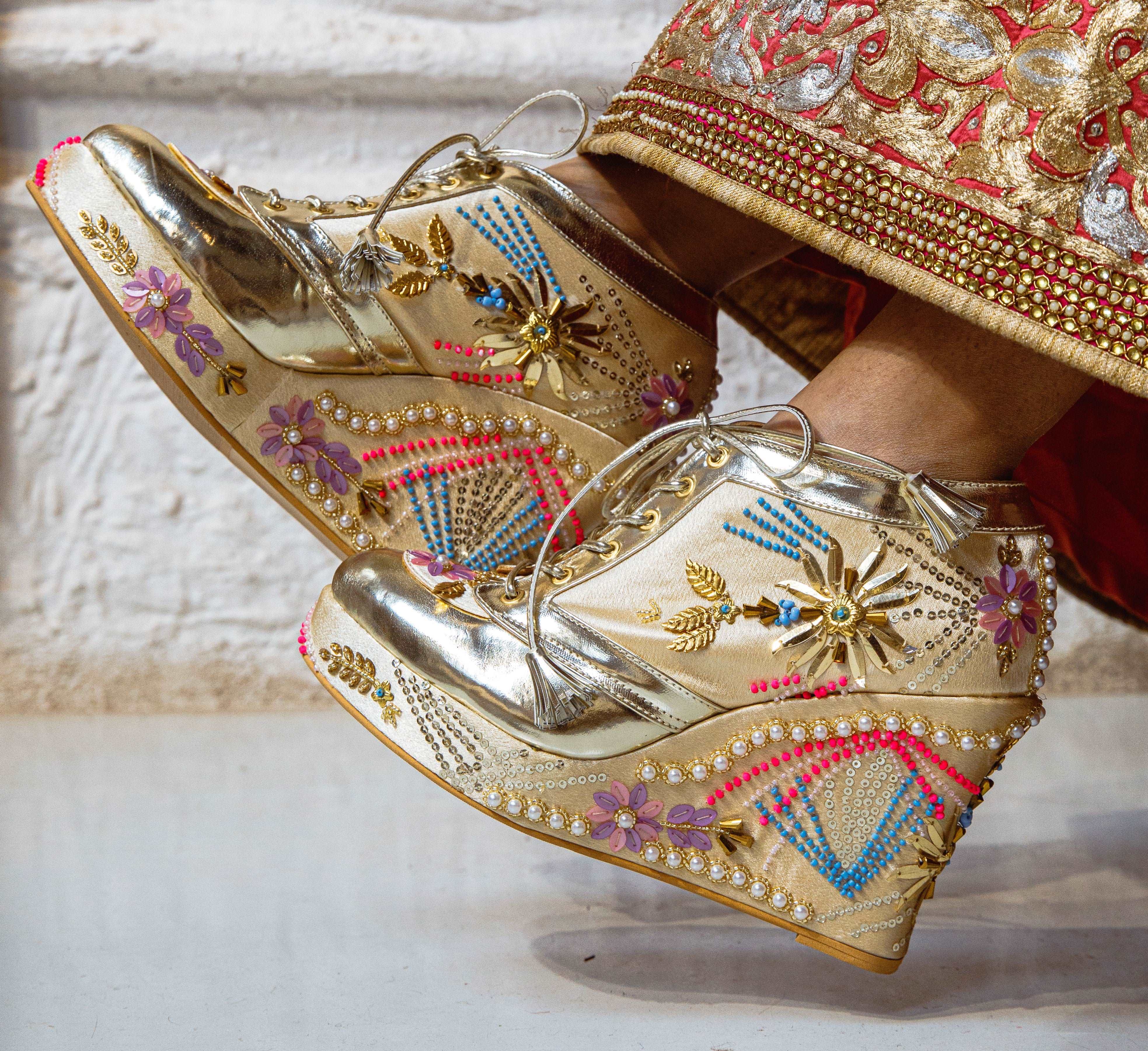 Gold Embroidered Bridal Sneaker Wedges - Customized Wedding Shoes Gold Embroidered Bridal Sneaker Wedges - Customized Wedding Shoes