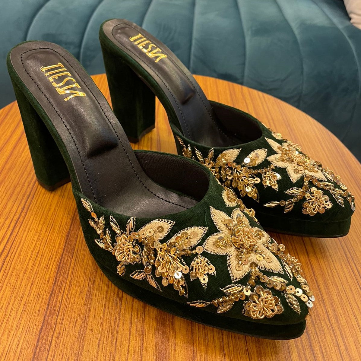 Sabah Green Velvet Customised Bridal Heels for Weddings Tiesta Shoes