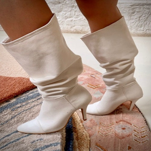 Alizeh (knee length boots white shoes heels โ Tiesta Store