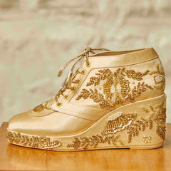 Gold Satin Embroidered Bridal Sneaker Wedges - Customized Wedding Shoes | Tiesta Gold Satin Embroidered Bridal Sneaker Wedges - Customized Wedding Shoes | Tiesta