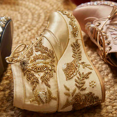 Gold Satin Embroidered Bridal Sneaker Wedges - Customized Wedding Shoes | Tiesta Gold Satin Embroidered Bridal Sneaker Wedges - Customized Wedding Shoes | Tiesta