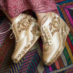 Gold Satin Embroidered Bridal Sneaker Wedges - Customized Wedding Shoes | Tiesta Gold Satin Embroidered Bridal Sneaker Wedges - Customized Wedding Shoes | Tiesta