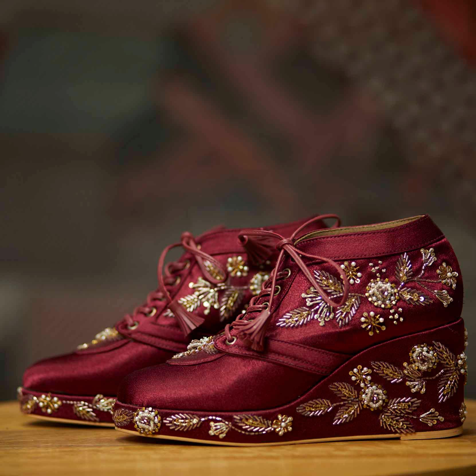 Maroon Satin Embroidered Bridal Sneaker Wedges Customized Wedding Sh