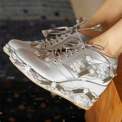 Silver Satin Embroidered Bridal Sneaker Wedges - Customized Wedding Shoes | Tiesta Silver Satin Embroidered Bridal Sneaker Wedges - Customized Wedding Shoes | Tiesta
