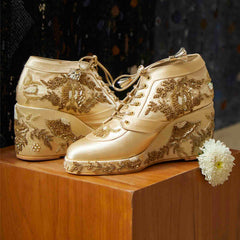 Gold Satin Embroidered Bridal Sneaker Wedges - Customized Wedding Shoes | Tiesta Gold Satin Embroidered Bridal Sneaker Wedges - Customized Wedding Shoes | Tiesta