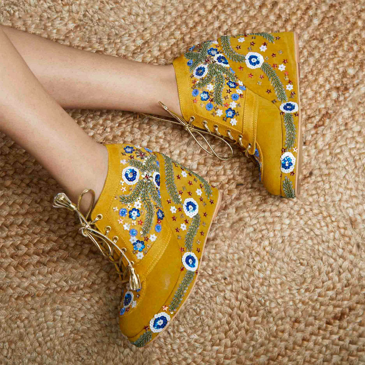 Mustard Embroidered Bridal Sneaker Wedges - Customized Wedding Shoes | Tiesta