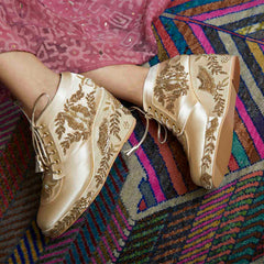 Gold Satin Embroidered Bridal Sneaker Wedges - Customized Wedding Shoes | Tiesta Gold Satin Embroidered Bridal Sneaker Wedges - Customized Wedding Shoes | Tiesta