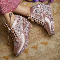 Pink Satin Embroidered Bridal Sneaker Wedges - Customized Wedding Shoes | Tiesta Pink Satin Embroidered Bridal Sneaker Wedges - Customized Wedding Shoes | Tiesta