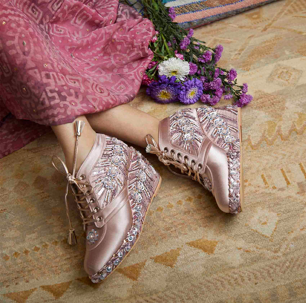 Pink Satin Embroidered Bridal Sneaker Wedges - Customized Wedding Shoes | Tiesta