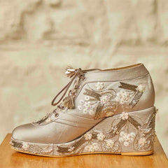 Silver Satin Embroidered Bridal Sneaker Wedges - Customized Wedding Shoes | Tiesta Silver Satin Embroidered Bridal Sneaker Wedges - Customized Wedding Shoes | Tiesta