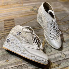 Ivory Bridal Sneaker Wedges with Gold Embroidery - Customized Wedding Shoes Ivory Bridal Sneaker Wedges with Gold Embroidery - Customized Wedding Shoes