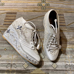 Ivory Bridal Sneaker Wedges with Gold Embroidery - Customized Wedding Shoes Ivory Bridal Sneaker Wedges with Gold Embroidery - Customized Wedding Shoes