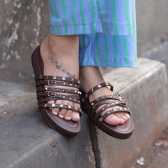Dark Brown Studded Multi-Strap Slip on Flats