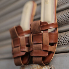 Tan Brown Multi-Strap Slip-On Flats