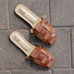 Tan Brown Multi-Strap Slip-On Flats