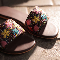 Brown Hand-Embroidered Floral Flats