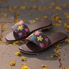 Brown Hand-Embroidered Floral Flats