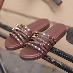 Dark Brown Studded Multi-Strap Slip on Flats