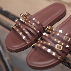 Dark Brown Studded Multi-Strap Slip on Flats