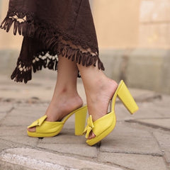 Mustard Yellow Bow Block Heels