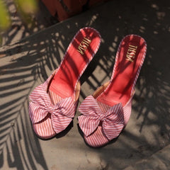 Blush Pink Striped Bow Block Heels
