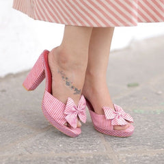 Blush Pink Striped Bow Block Heels