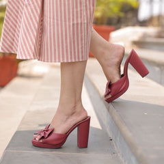 Maroon Bow Block Heels
