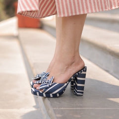 Stripes Bow Block Heels
