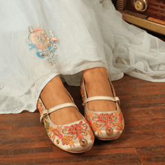 Beige Embroidered Festive Ballerinas – Sequin & Bead Detailing | Fully Customisable Flats