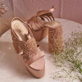 Custom Hand-Embroidered Satin Block Heels -  Nude blush pink shade