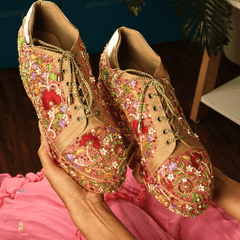 Custom Golden Multi Colour flower embroidery Bridal Sneaker platforms.